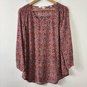 Max Studio Silk Blouse Womens XL Pink Red Geo Pattern Lightweight Natural